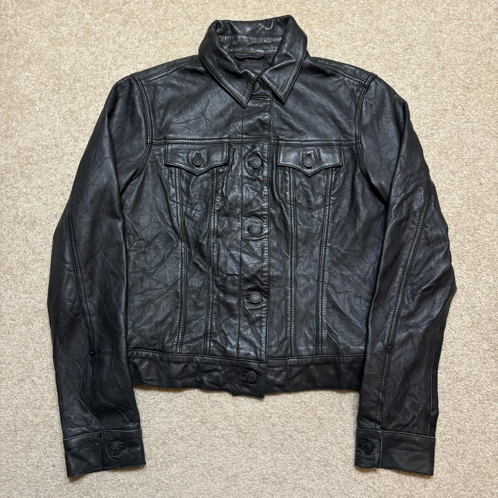 True Religion Leather Jacket Womens Small Black‎ Dusty Western Button Front Moto